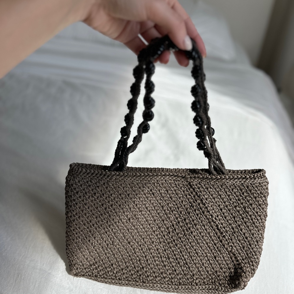 Brown Crochet Bag with Beaded Handle